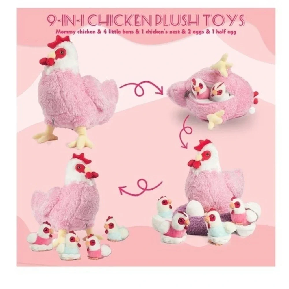 9 in 1 Valentines Chicken Animal Set,‎ Chicken Plush Zippered Egg Laying Hen NEW